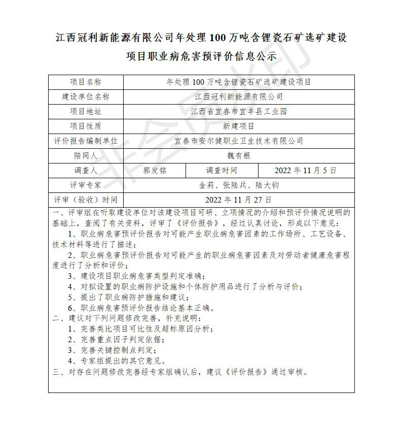 1671433616690504.jpg 江西冠利新能源有限公司年處理100萬噸含鋰瓷石礦選礦建設(shè)項(xiàng)目職業(yè)病危害預(yù)評價信息公示_01.jpg